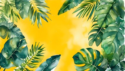 Vibrant watercolor composition of lush green tropical leaves set against a cheerful yellow backdrop