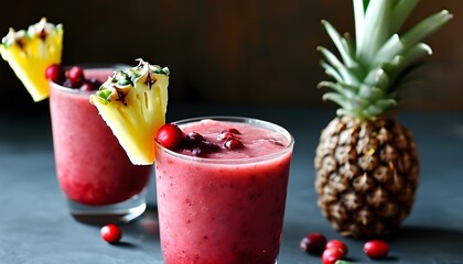 Wall Mural - Refreshing cranberry and pineapple smoothie served with vibrant fruit garnishes