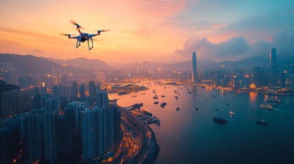 Canvas Print - Drone over Hong Kong Skyline.