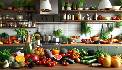 vibrant modern kitchen brimming with fresh ingredients, colorful fruits, and vegetables ready for culinary creativity