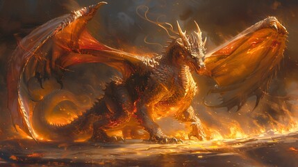 Wall Mural - Dragon drawing with powerful wings spread wide scales shimmering and fire swirling around its massive serpentine body