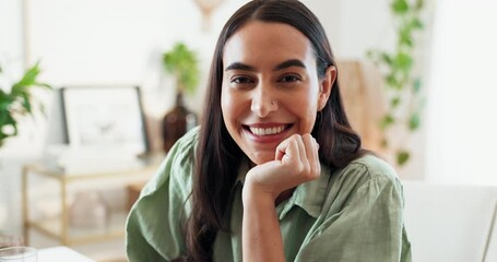 Poster - Face, laptop and smile with remote work woman in home office to research startup information. Computer, portrait and web development with freelance business employee in apartment for online design