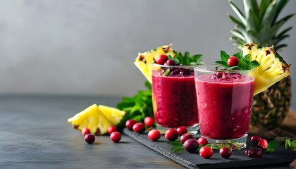 Wall Mural - Refreshing cranberry and pineapple smoothie served with vibrant fruit garnishes