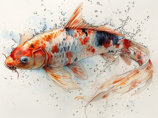 Wall Mural - Dynamic fish drawing of a koi swimming gracefully through water its scales shimmering and creating fluid patterns