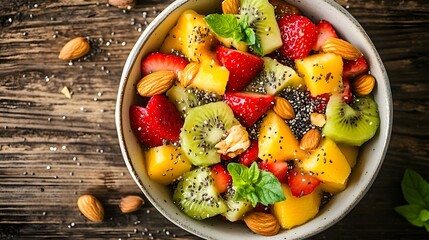 A bowl of fresh fruit salad with chia seeds and nuts on a wooden table