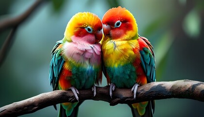 Vibrant lovebirds nestled together on a branch, embodying companionship, affection, and the enchanting beauty of the natural world