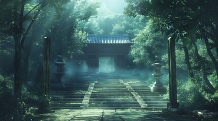 Wall Mural - beautiful anime background of a gate blur in fog