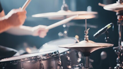 A close-up of a drummer's hands playing a drum kit, capturing the energy and motion of live music performance.