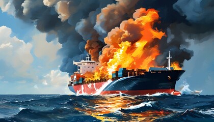 Wall Mural - Cargo ship engulfed in flames at sea amidst turbulent waters