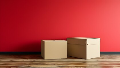 Wall Mural - Cardboard boxes on wooden surface with striking red wall backdrop