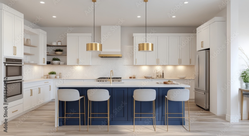 Modern kitchen island with blue cabinets, white cabinets, gold hardware ...