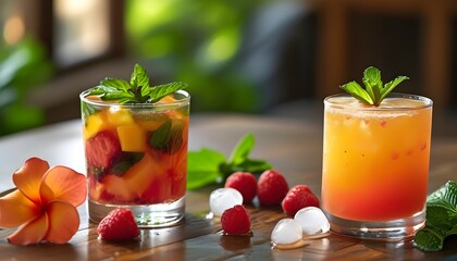 Poster - Refreshing summer fruit drinks adorned with fresh fruit and mint garnishes