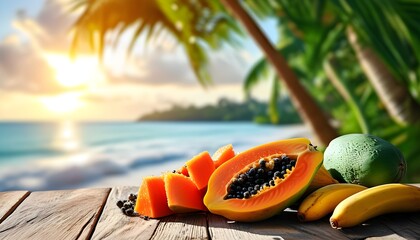 Wall Mural - Tropical paradise featuring vibrant papaya and bananas on a rustic wooden table with a backdrop of beach and swaying palm trees