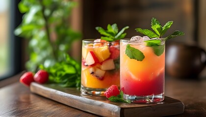 Canvas Print - Refreshing summer fruit drinks adorned with fresh fruit and mint garnishes