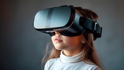 Wall Mural - Cute girl immersed in virtual reality, exploring the future of technology with vibrant imagination