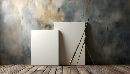 Wall Mural - Inviting blank canvas and paintbrush await artistic creativity against a textured wall backdrop