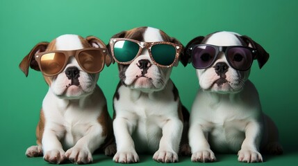 Puppies wearing funky shades, isolated on a vibrant green background, ready for advertising campaigns or social media with room for text.