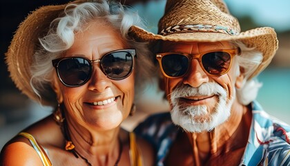 Wall Mural - Joyful seniors enjoying summer vacation together in stylish sunglasses