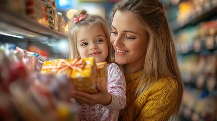 Mother and Child Shopping Smiling Together in Supermarket, Holding Gift Box with Joy and Love