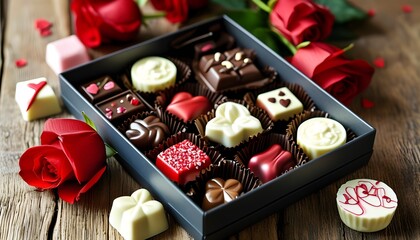 Wall Mural - Heartfelt chocolate treats in a beautifully arranged box resting on a rustic wooden table, perfect for Valentines Day celebration