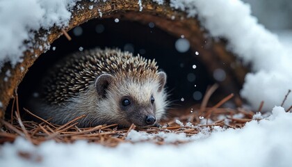 cute hedgehog hibernating in its winter nest under a snowfall