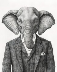 A black and white drawing of an elephant wearing a three-piece suit, portrait style, on a white background 