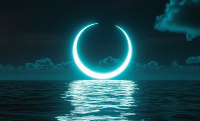 Poster - A glowing blue crescent moon sits above a still dark blue sea.