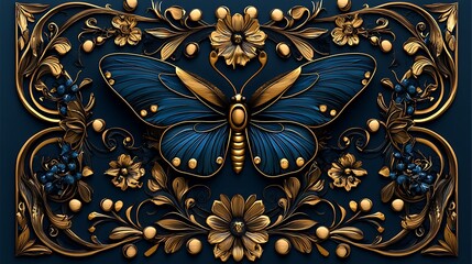 A golden butterfly glows against a deep blue background, adorned with delicate floral touches.