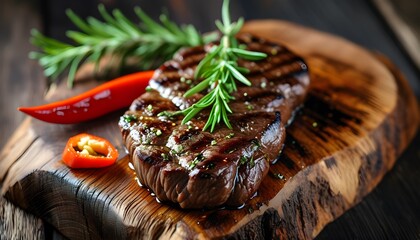 Savory grilled beef steak infused with rosemary and chili pepper served on a rustic wooden board