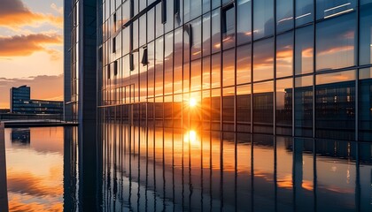 Wall Mural - Stunning sunset reflections in modern office building windows beside tranquil water