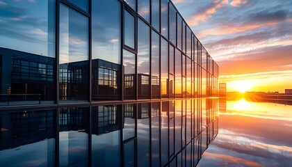 Wall Mural - Stunning sunset reflections in modern office building windows beside tranquil water