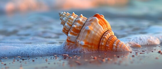 Wall Mural - Beautiful seashell on a sandy beach at sunset