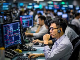 A busy trading floor in Hong Kong, with screens displaying stock prices and businesspeople making rapid decisions