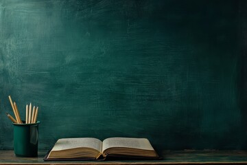 Poster - An open book with pencils in a green holder in front of a green chalkboard.