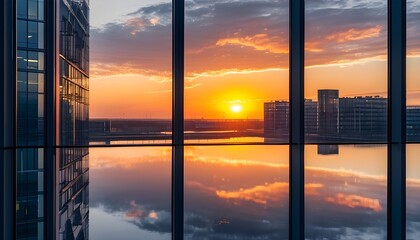 Wall Mural - Stunning sunset reflections in modern office building windows beside tranquil water