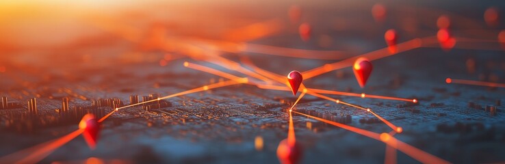 Poster - Abstract image of red pins connected with glowing lines on a futuristic, dark blue surface with a blurred orange background.