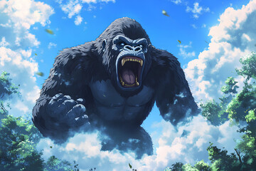 Sticker - a king kong gorilla rampages in the forest, white clouds, blue sky