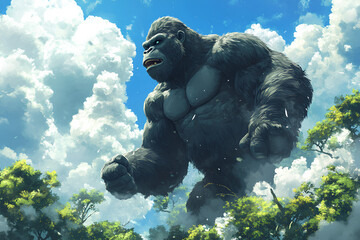 Wall Mural - a king kong gorilla rampages in the forest, white clouds, blue sky