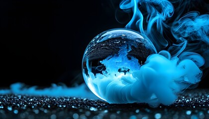 Mystical blue smoke swirling in a crystal ball against a dark backdrop