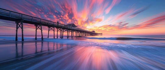 Wall Mural - Vibrant Sunset Over Pier with Colorful Sky and Waves