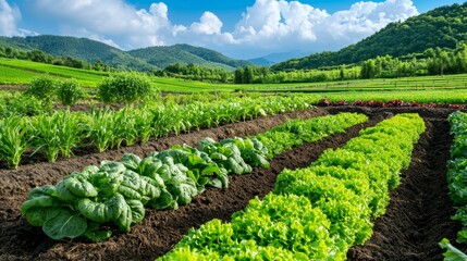 A vibrant, green landscape showcases rows of fresh vegetables under a bright sky, surrounded by lush mountains and fields.