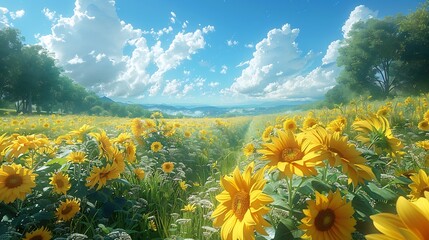 Canvas Print - Lush field of sunflowers gently swaying in the breeze with a bright blue sky and white clouds overhead