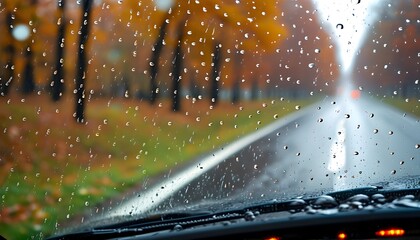 Rainy day drive with droplets on windshield and reflections on wet pavement