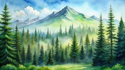 Green natural pine tree forest with mountain in background watercolor painting, watercolor, painting, pine tree, forest, mountain