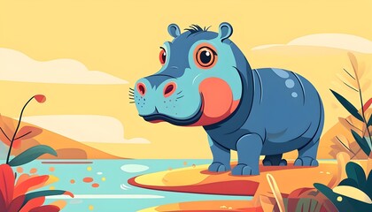 Wall Mural - Playful Minimalist Cartoon Hippo in a Vibrant Abstract Style