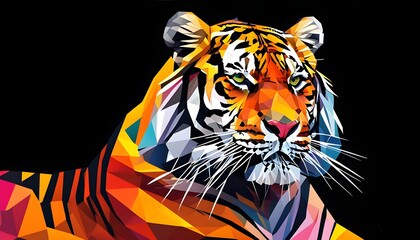 Wall Mural - Vibrant Geometric Tiger Illustration in Bold Colors Against a Black Background