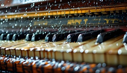 Wall Mural - Melodic reflections on wet piano keys amidst the rain