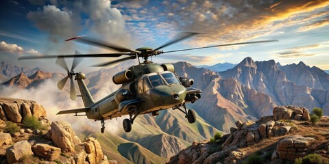 heavy armed attack helicopter flying over rocky hills, military, aircraft, war, assault, chopper, gu