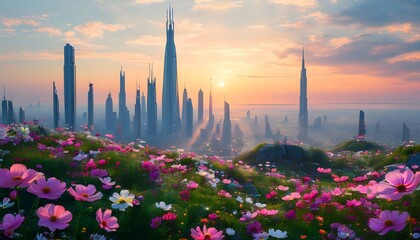 Wall Mural - Futuristic urban skyline adorned with vibrant flowers illuminated by the gentle light of dawn