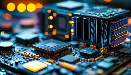 Abstract closeup of computer hardware featuring CPU, circuit board, microchip, and motherboard highlighting the essence of cyber technology and artificial intelligence in modern electronics